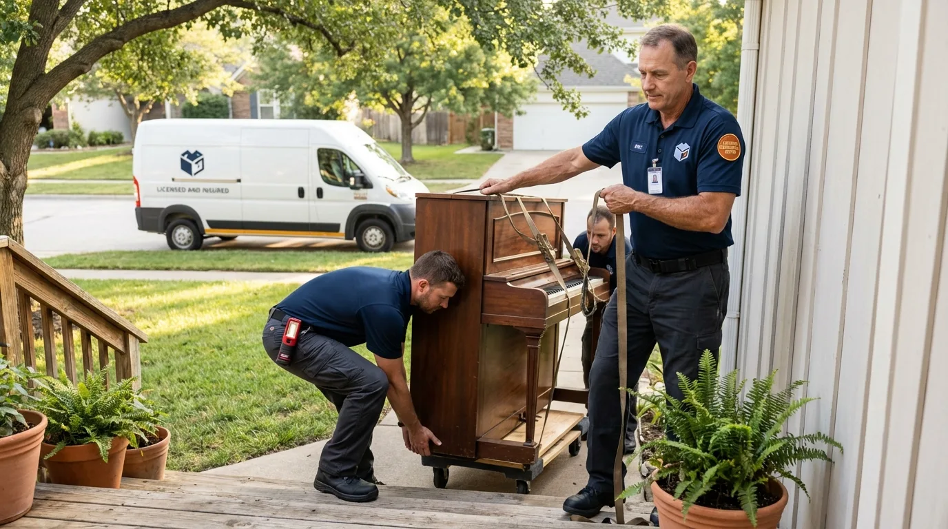 Licensed piano movers securing grand piano in Sharpsburg, NC