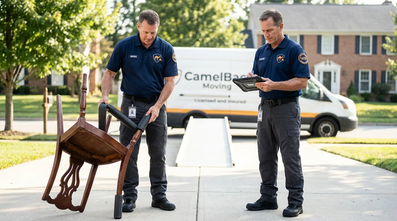 Movers inspecting furniture for damage prevention before loading in Sharpsburg, NC