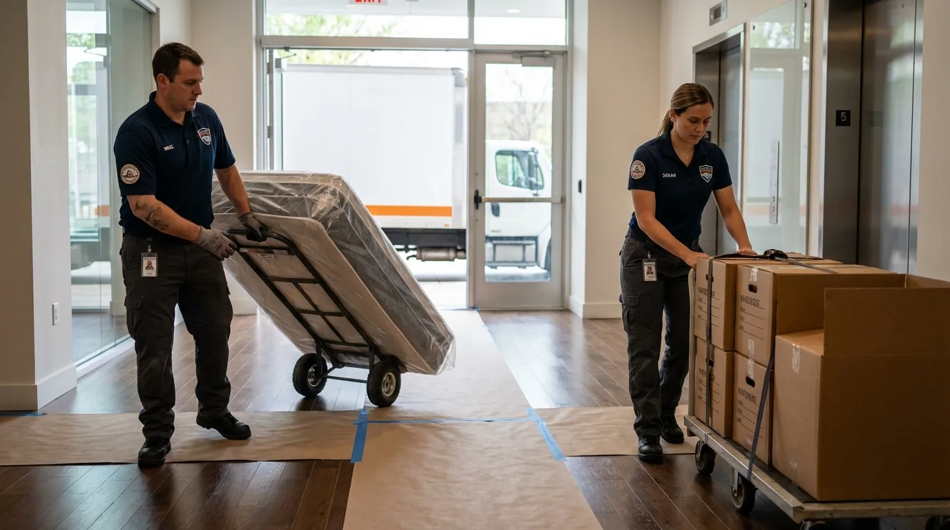 Professional apartment movers loading elevator in Sharpsburg, NC