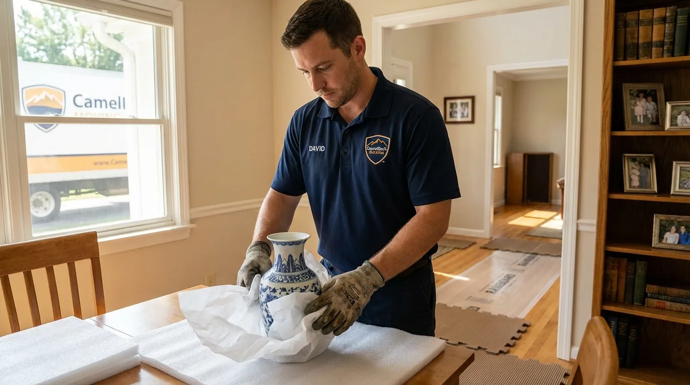 Professional crew carefully wrapping antique vase for senior downsizing move in Sharpsburg, NC